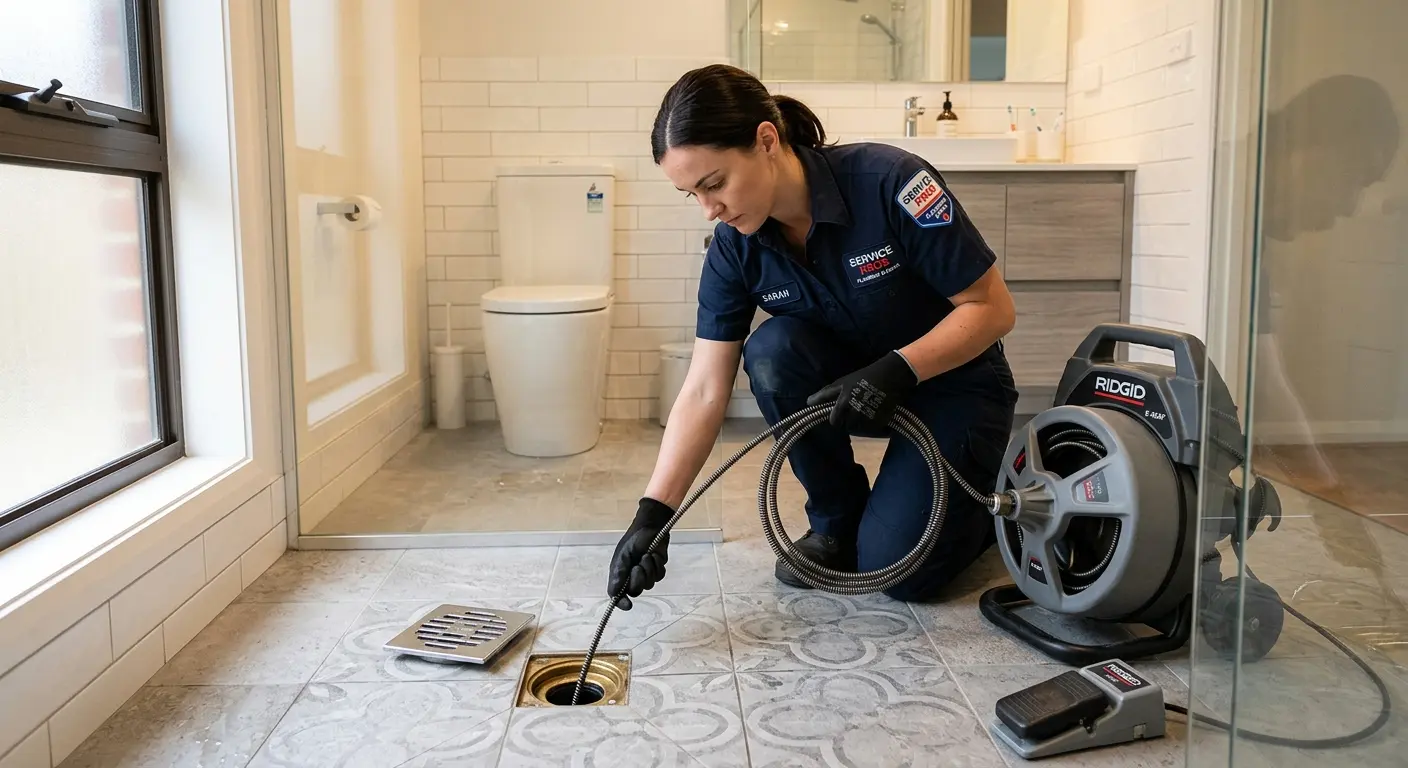 Technician clearing a bathroom floor drain for Hydro Jetting in Canton